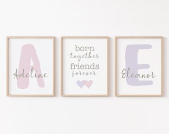 Twin Girl Nursery Decor, Set of 3 Twin Sister Prints, Personalized Twin Girl Nursery Art, Born Together Friends Forever Nursery Printable
