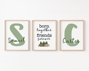 Twin Boy Woodland Nursery Decor, Set of 3 Twin Brother Prints, Personalized Twin Nursery Art, Born Together Friends Forever Printable Art