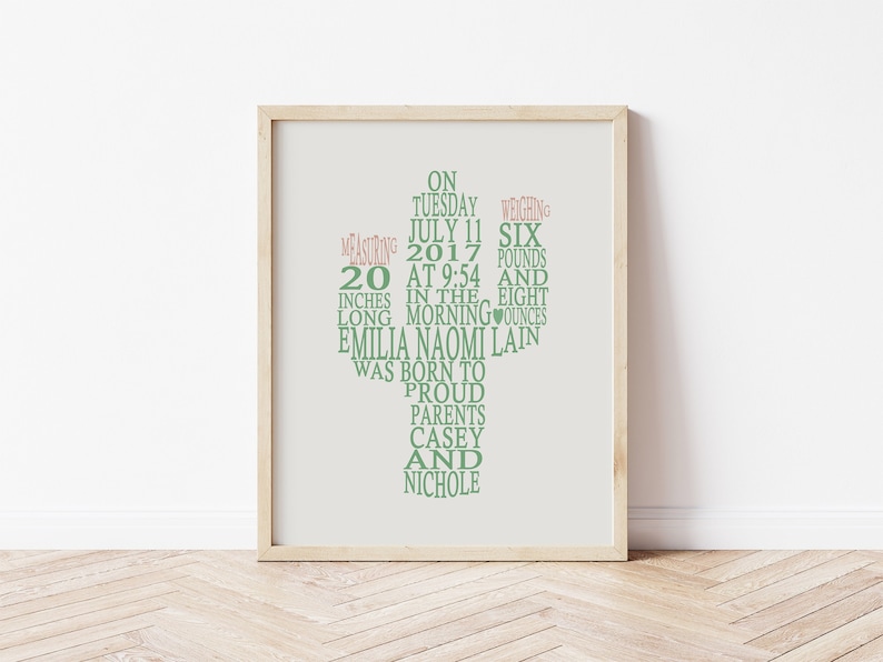 Cactus Nursery Decor, Personalized Cactus Birth Stats Print, Southwest Nursery Art, Custom Baby Boho Nursery Wall Art, Neutral Gift for Baby image 1