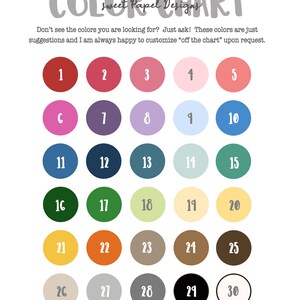 Op de afbeelding: Een kleurenkaart met 30 genummerde kleurstalen in verschillende tinten, waaronder rood, roze, blauw, groen en bruin. De tekst "COLOR CHART" staat bovenaan, met extra tekst eronder.