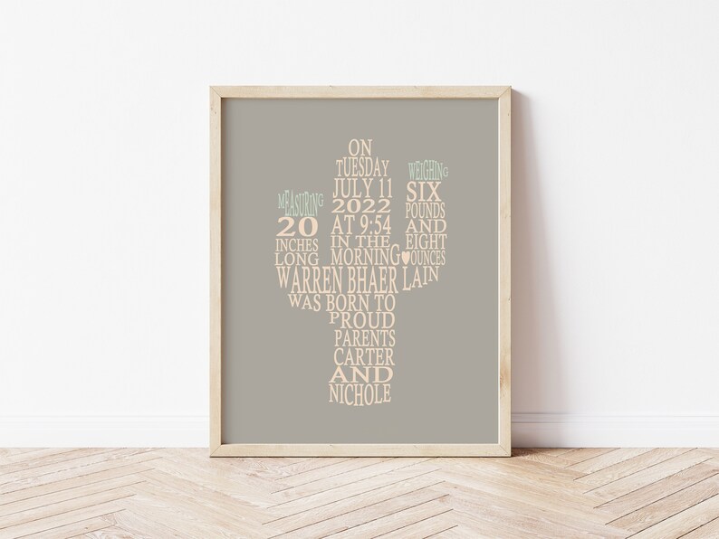 Cactus Nursery Decor, Personalized Cactus Birth Stats Print, Southwest Nursery Art, Custom Baby Boho Nursery Wall Art, Neutral Gift for Baby image 5