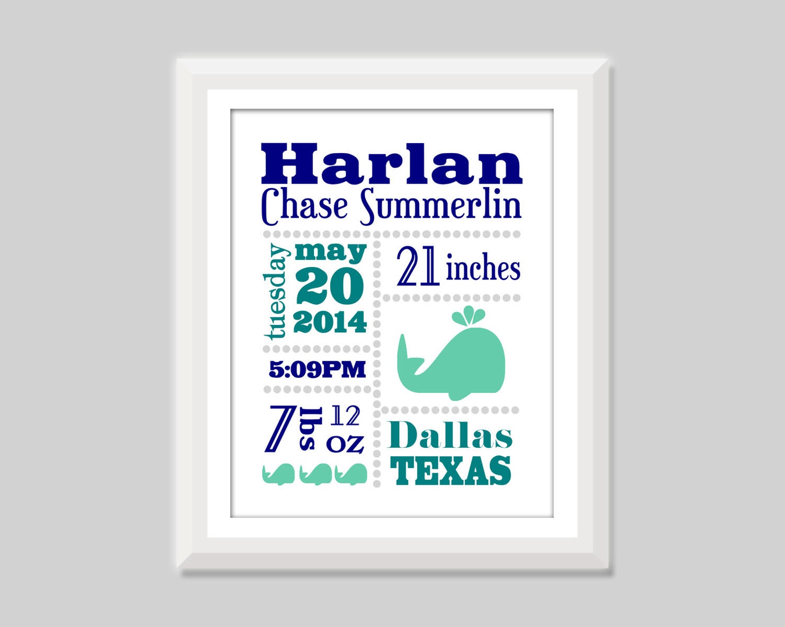 Baby Boy Whale Birth Announcement Wall Art Baby Birth Stats Etsy