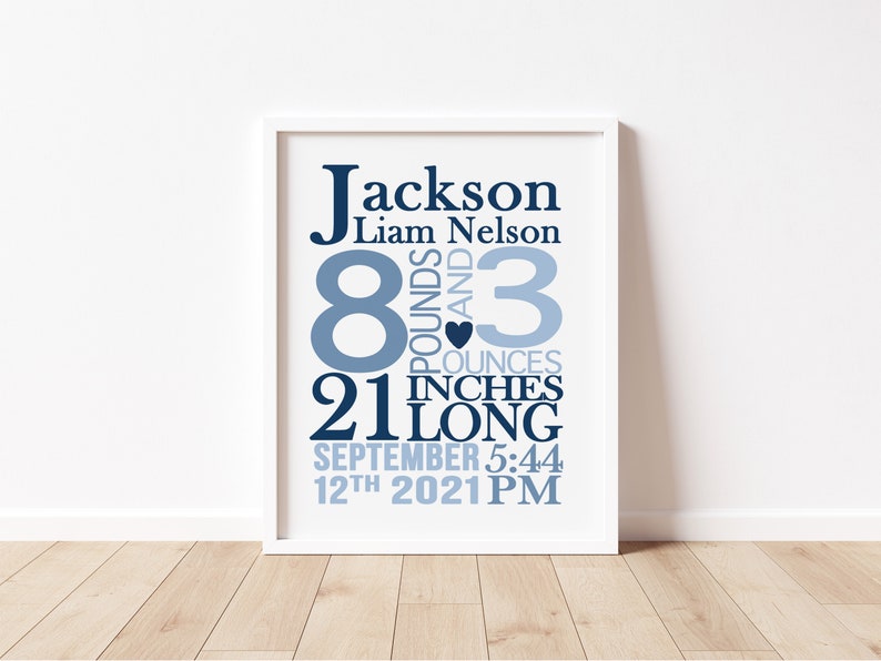 May include: A white framed print with blue and white text. The text reads "Jackson Liam Nelson 8 pounds and 3 ounces 21 inches long September 12th 2021 5:44 PM".