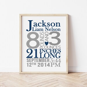 May include: A framed print with a blue and gray color scheme. The print features the name "Jackson Liam Nelson" along with the birth details: "8 pounds and 3 ounces, 21 inches long, September 12th 2014 5:44 PM".