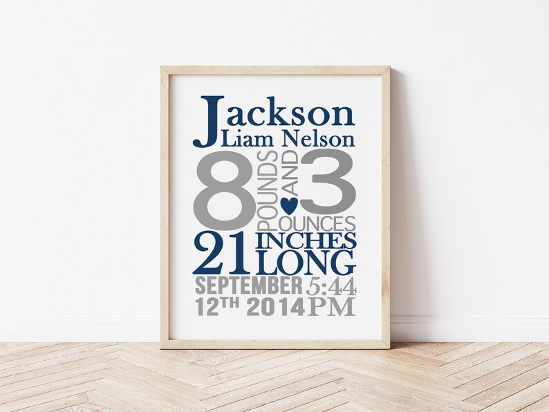 May include: A framed print with a blue and gray color scheme. The print features the name "Jackson Liam Nelson" along with the birth details: "8 pounds and 3 ounces, 21 inches long, September 12th 2014 5:44 PM".