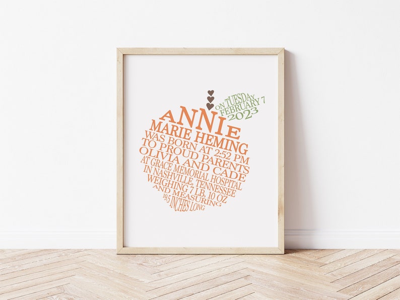 Peach Nursery Decor, Baby Birth Stats Print, Sweet as a Peach Baby Girl Fruit Nursery, Printable Peach Nursery Art, Personalized Baby Gift image 1