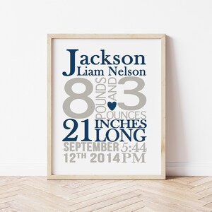 May include: A framed print with a blue and gray color scheme. The print features the name "Jackson Liam Nelson" and the text "8 pounds and 3 ounces, 21 inches long, September 12th 2014 5:44 PM".