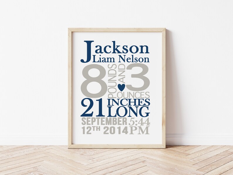 May include: A framed print with a blue and gray color scheme. The print features the name "Jackson Liam Nelson" and the text "8 pounds and 3 ounces, 21 inches long, September 12th 2014 5:44 PM".