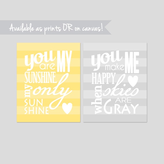 You Are My Sunshine Wall Art Print Set Of Two Prints Nursery Decor Gender Neutral Gray Yellow