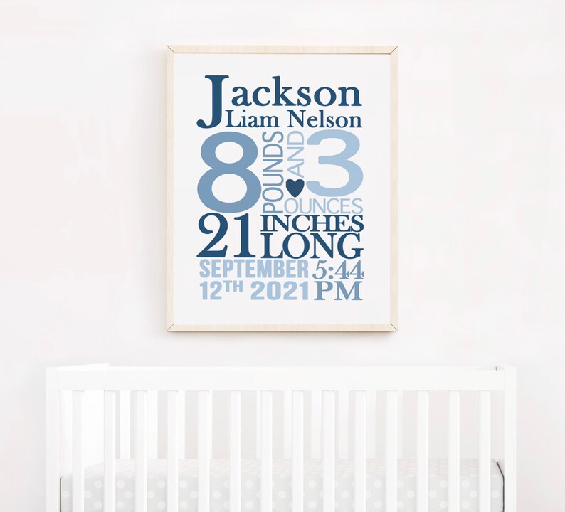 May include: A blue and white baby announcement print with the name Jackson Liam Nelson, birth date September 12th, 2021, 5:44 PM, weight 8 pounds and 3 ounces, and length 21 inches.