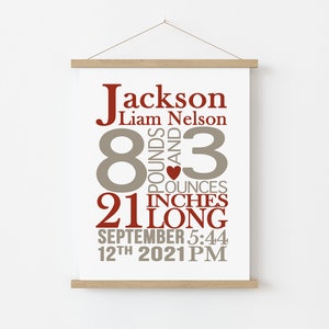 May include: A beige and red printable birth announcement poster with the name "Jackson Liam Nelson" and the text "8 pounds and 3 ounces, 21 inches long, September 12th 2021 5:44 PM".