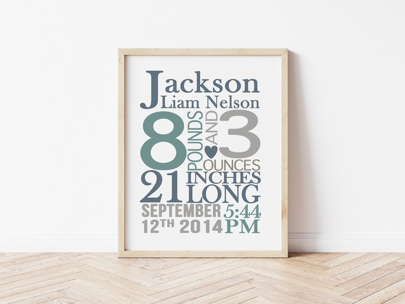 May include: A framed print with a baby's birth announcement. The print is white with gray and blue text. It says "Jackson Liam Nelson 8 pounds and 3 ounces 21 inches long September 12th 2014 5:44 PM".