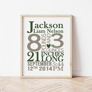 May include: A framed print with the name Jackson Liam Nelson, birth details of 8 pounds and 3 ounces, 21 inches long, and the date September 12th, 2014 at 5:44 PM.