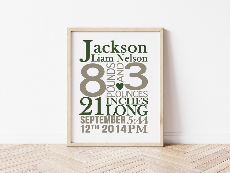 May include: A framed print with the name Jackson Liam Nelson, birth details of 8 pounds and 3 ounces, 21 inches long, and the date September 12th, 2014 at 5:44 PM.