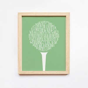 K&ouml;nnte beinhalten: Ein gr&uuml;ner gerahmter Druck mit einem wei&szlig;en Golftee-Design. Der Druck zeigt den Text "On Wednesday March 1, 2017 at 6:40 in the evening Eli Matthew Krater was welcomed to the world by proud parents Sarah and Brendan at Willis Hospital in Lincoln City, NE weighing 7 lbs. 11 oz and measuring 19 inches long."