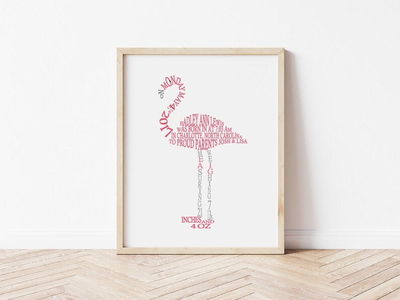 Flamingo Nursery Decor, Baby Birth Stats Wall Art, Flamingo Nursery Art, Personalized Flamingo Baby Gift, Baby Girl Tropical Nursery Print image 2