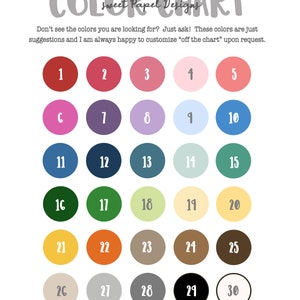 K&ouml;nnte beinhalten: Farbkarte mit 30 verschiedenen Farbmustern in Kreisen, nummeriert von 1 bis 30. Die Karte ist mit "Color Chart" betitelt, darunter steht in kleinerer Schrift "Sweet Paper Designs".