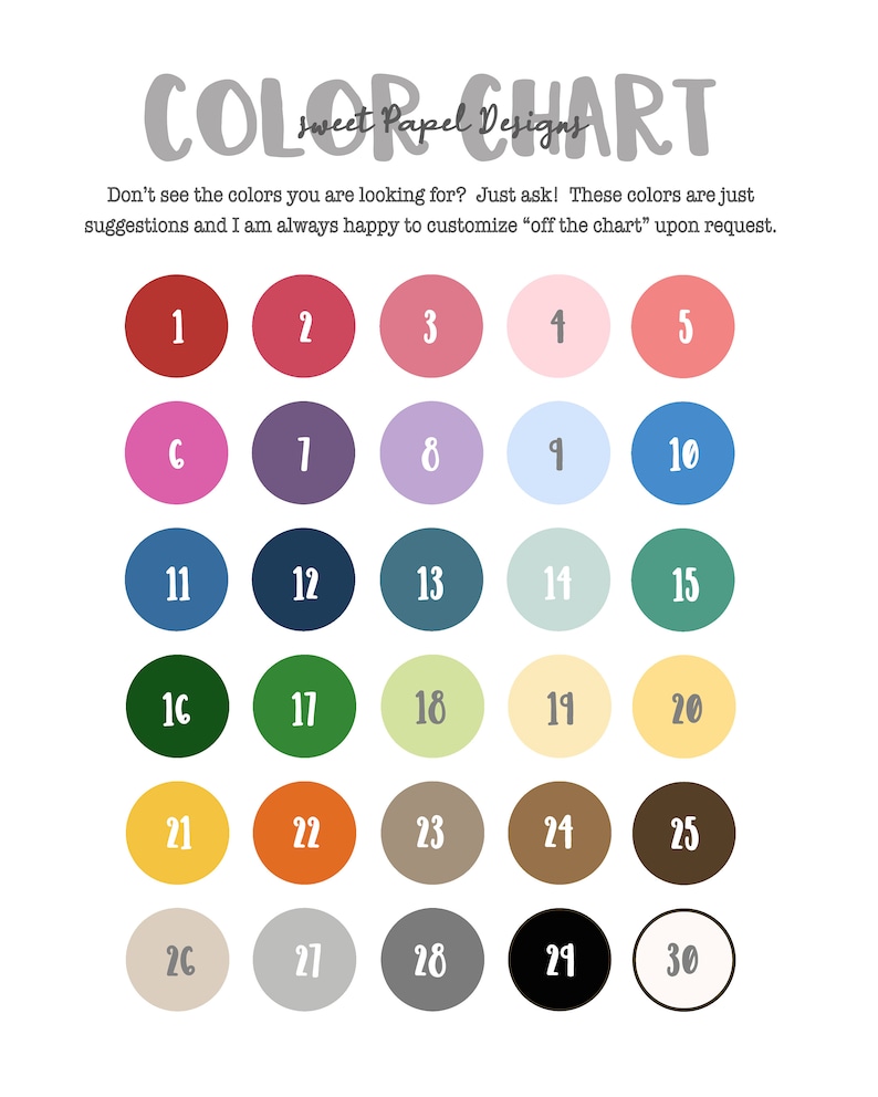 K&ouml;nnte beinhalten: Farbkarte mit 30 verschiedenen Farbmustern in Kreisen, nummeriert von 1 bis 30. Die Karte ist mit "Color Chart" betitelt, darunter steht in kleinerer Schrift "Sweet Paper Designs".