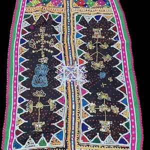 Semi Vintage Woolen Bandhani Printed woven Rabari Shawl, India Tribal Ethnic Handmade Mirror work Embroidery Dupatta Wrap Banjara .