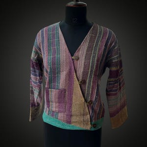 Handmade Vintage Kantha Jacket, Indian Patchwork Bohemian Coat, Reversible Quilt Outerwear