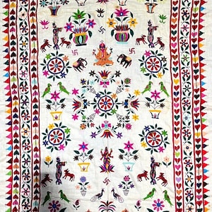 Antique Banjara Kutchi Wall Hanging, Hand Embroidered Vintage Tapestry, Indian Tribal Textile Art, Boho Home Decor Accent, village life art