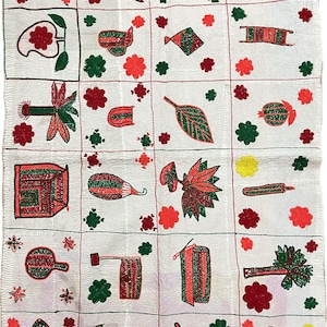 Vintage Baby Kantha Quilt,Sashiko-Style Nakshi Embroidery with Tree, House & Flowers,kite, flag design  Handmade Wall Hanging, gift for her,