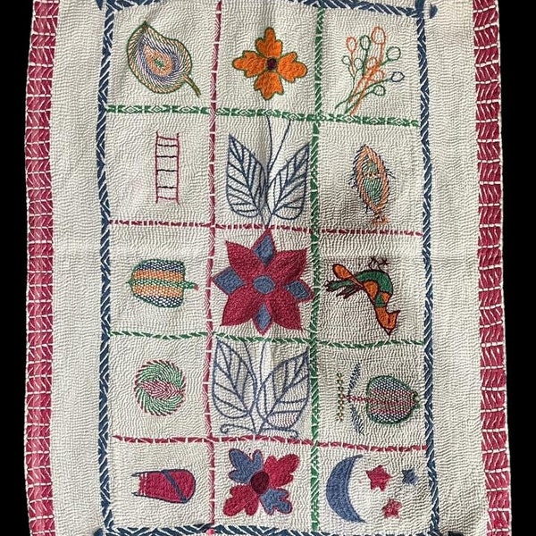 Beautiful Antique Handmade Vintage Cotton Baby Nakshi kantha Quilted Embroidery figures Throw fine stitching West Bengal,One of kind gift