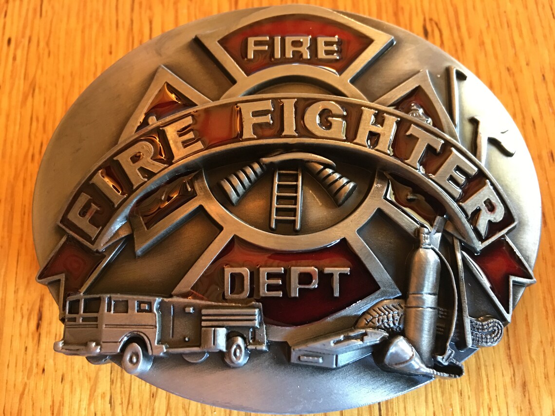 Trade Winds Fire Fighter Department Silver And Gold Belt Buckle – 4x3 Inches, Pewter