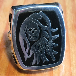 Grim Reaper with Sickle Black Impressed Skull and Hatchet sides Ring # G - 6