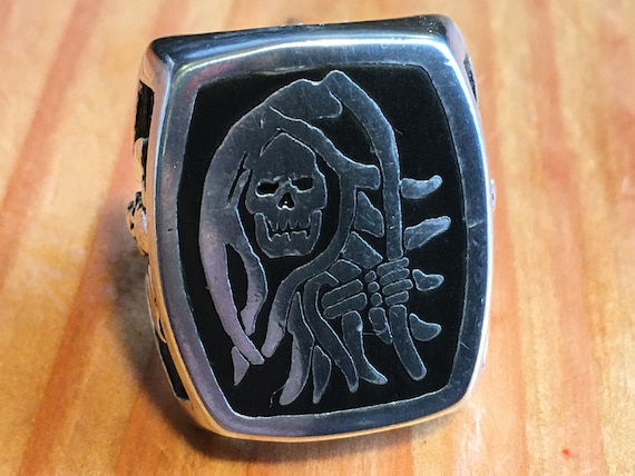 Grim Reaper With Sickle Black Impressed Skull and Hatchet Sides