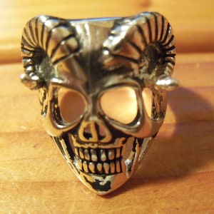 May include: A silver-colored skull ring with prominent horns and detailed facial features. The ring has a gothic or biker aesthetic, with a polished finish and a detailed design of a skull.