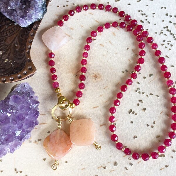 Peach Quartz & Garnet Necklace // Stone // Gold //