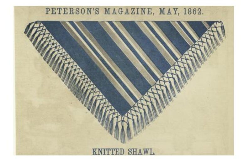 Puede incluir: Ilustraci&oacute;n de un chal de punto de Peterson's Magazine, mayo de 1862. El chal es triangular con rayas azules y grises y un borde de flecos. El texto "KNITTED SHAWL" est&aacute; debajo.