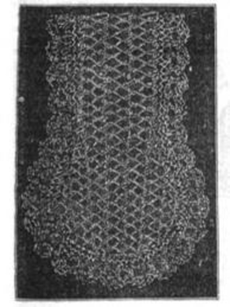 May include: A black and white image of a crocheted item, possibly a garment or decorative piece. The item features a diamond-patterned central section with a scalloped edge. The texture suggests a handmade craft, with visible stitch details.