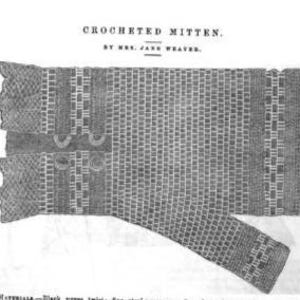 Puede incluir: Ilustraci&oacute;n en blanco y negro de un mit&oacute;n de ganchillo, con el texto "CROCHETED MITTEN. BY MRS. JANE WEAVER." El mit&oacute;n es rectangular con un patr&oacute;n detallado y una secci&oacute;n separada para el pulgar. El dise&ntilde;o es intrincado.