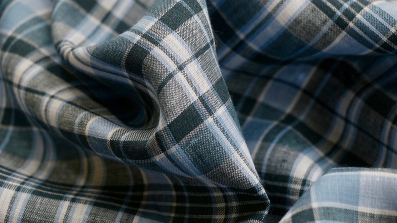 100/% IRISH LINEN FABRIC BLUE /& WHITE CHECK DESIGN