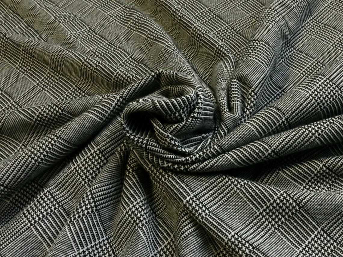 Double knit Jersey fabric Prince of Wales tartan Black Etsy