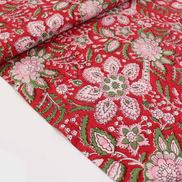 Cotton voile fabric -  Indian Hand Block print - Floral - Red, pink