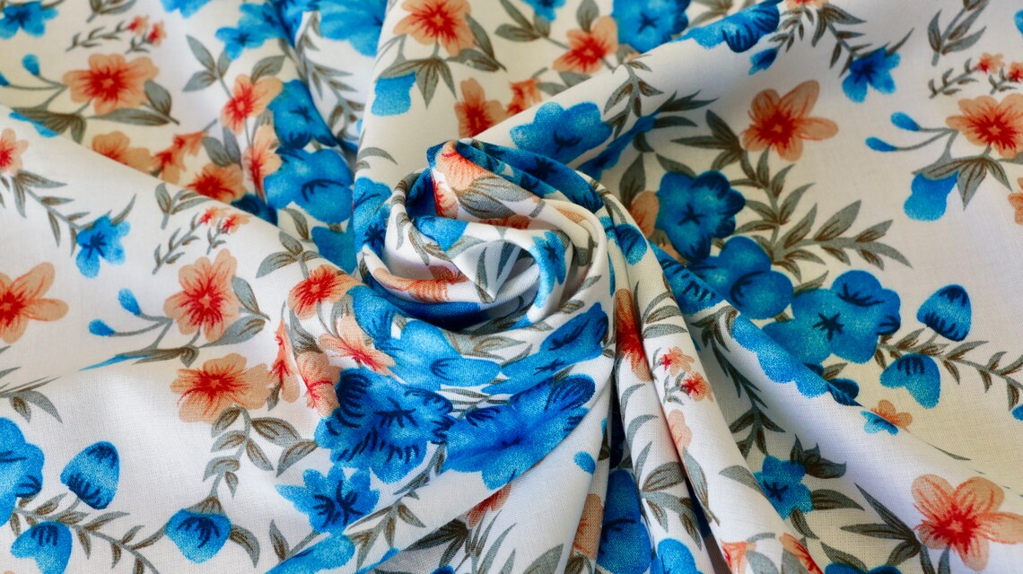 VISCOSE CHALLIS FABRIC Diseño floral Azul melocotón y Etsy