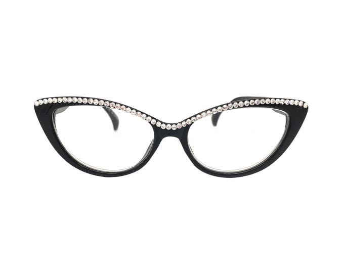 Pawsitive Black cat Eye Reading Glasses With Crystal - Etsy