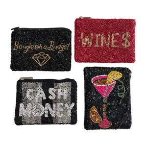 Bolsa de monedas con cuentas divertidas - dinero en efectivo, Bougie, billetera de cuentas de semillas de dinero de vino - regalo femenino, favor de fiesta, titular de la tarjeta de regalo, regalo de cumpleaños divertido