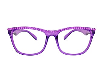 Medium Size Translucent Purple Reading Glasses with Electric Purple Swarovski Rhinestones - Bling Eye Glass Readers
