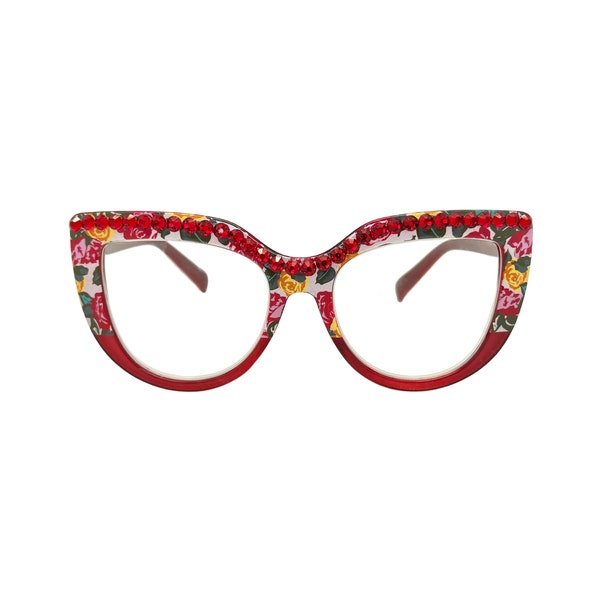 Big Cat Eye Red Floral Fashion Reading Eye Glasses in Strengths 1.25, 1.75, 2.00, and 3.00