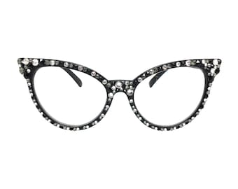 Large Over Sized Cat Eye Reading Glasses with Multi Color Swarovski Rhinestone Bling - Big Readers
