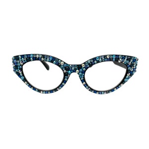 Retro Style Cateye Reading Glasses with Blue Multi Swarovski Crystals