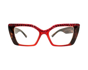 Large Red Rectangular Cat Eye Torti Fashion Reading Eyeglasses in Strengths