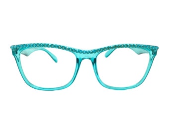 Medium Size Translucent Aqua Blue Reading Glasses with Laguna Delight Swarovski Rhinestones - Bling Eye Glass Readers