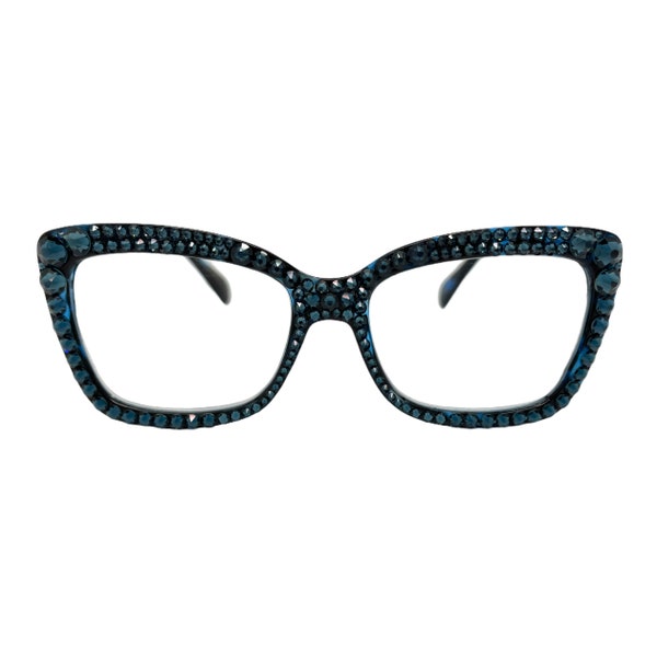 Navy Square Rhinestone Reading Glasses with Crystal Montana Swarovski Rhinestone Elements