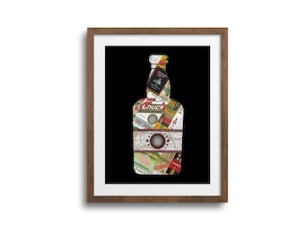 May include: A framed print of a black silhouette of a bottle made from a collage of vintage labels and maps. The bottle is labeled "Chuck" and has a red, white, and blue design.