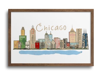 May include: A collage of vintage paper scraps depicting the Chicago skyline. The collage includes the words "Chicago", "Sun-Times", "Goldblatt's", "Gibby", and "See-Chicago".
